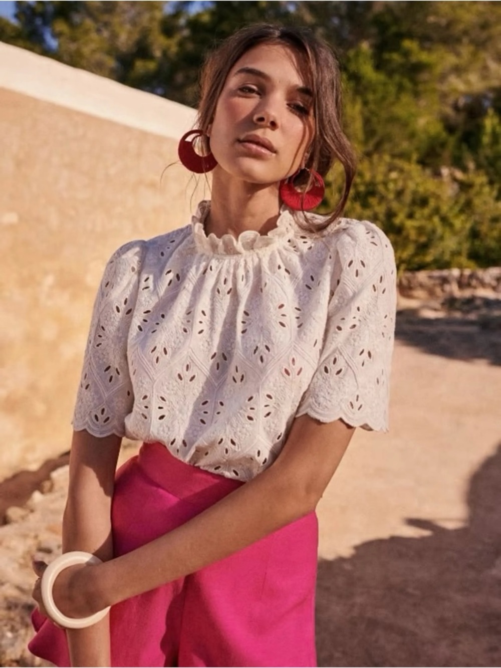 Sezane Louisah Eyelet Lace Blouse Ecru Ruffle Neck Top Size US 2 NWT